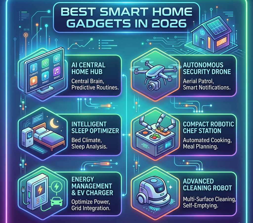 Picture of best smart home tech gadgets such as wellness monitor, smart speakers, smart vacuum and more